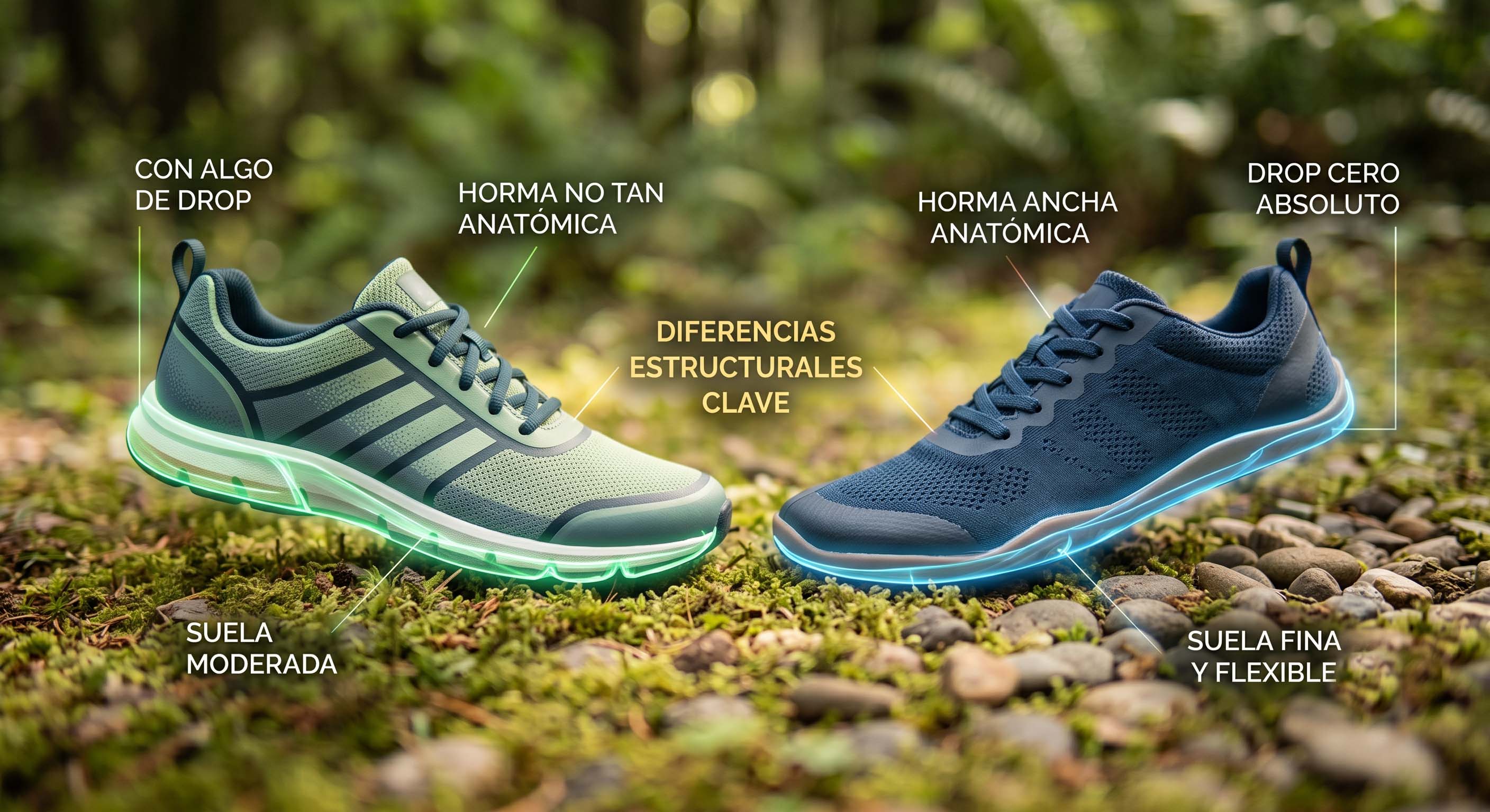 Comparativa visual barefoot vs minimalista — diferencias en drop, grosor de suela y horma anatómica entre calzado barefoot puro y minimalista de transición