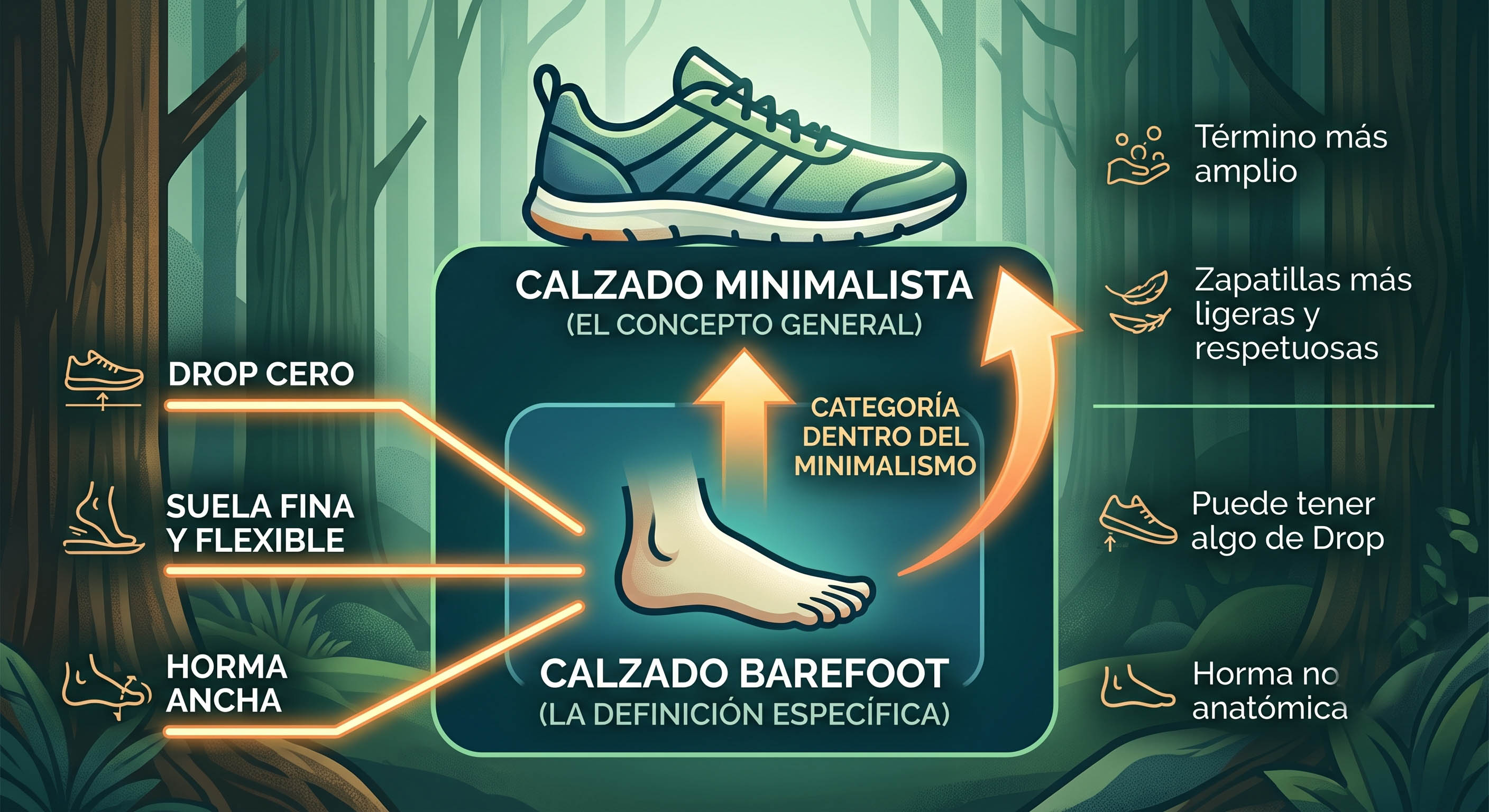 Suela de calzado barefoot vs calzado minimalista vs zapatilla convencional — comparativa de stack height, drop y flexibilidad de suela