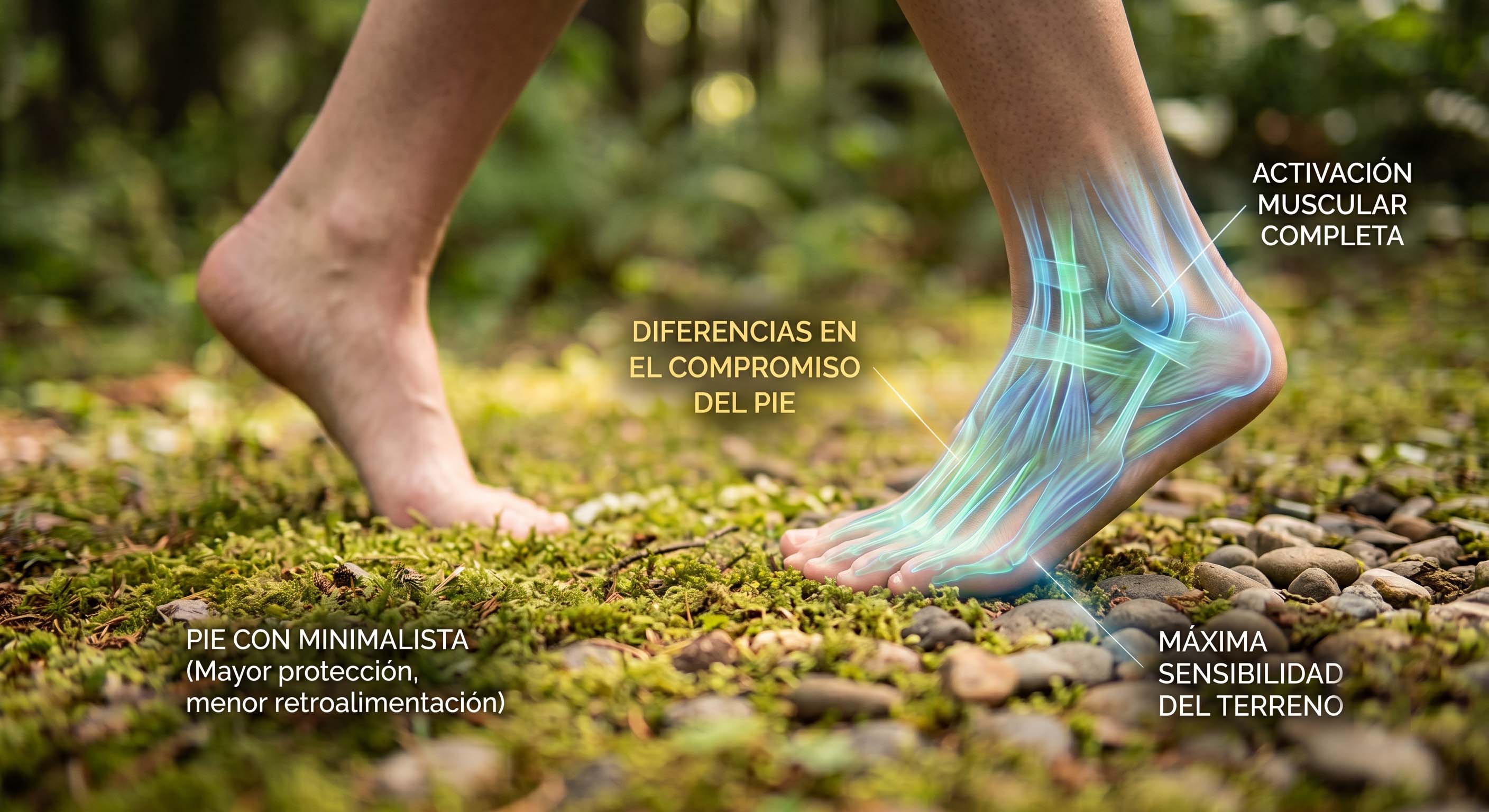 Horma anatómica de calzado barefoot con toe box ancho — dedos libres y separados frente a la puntera estrecha del calzado convencional