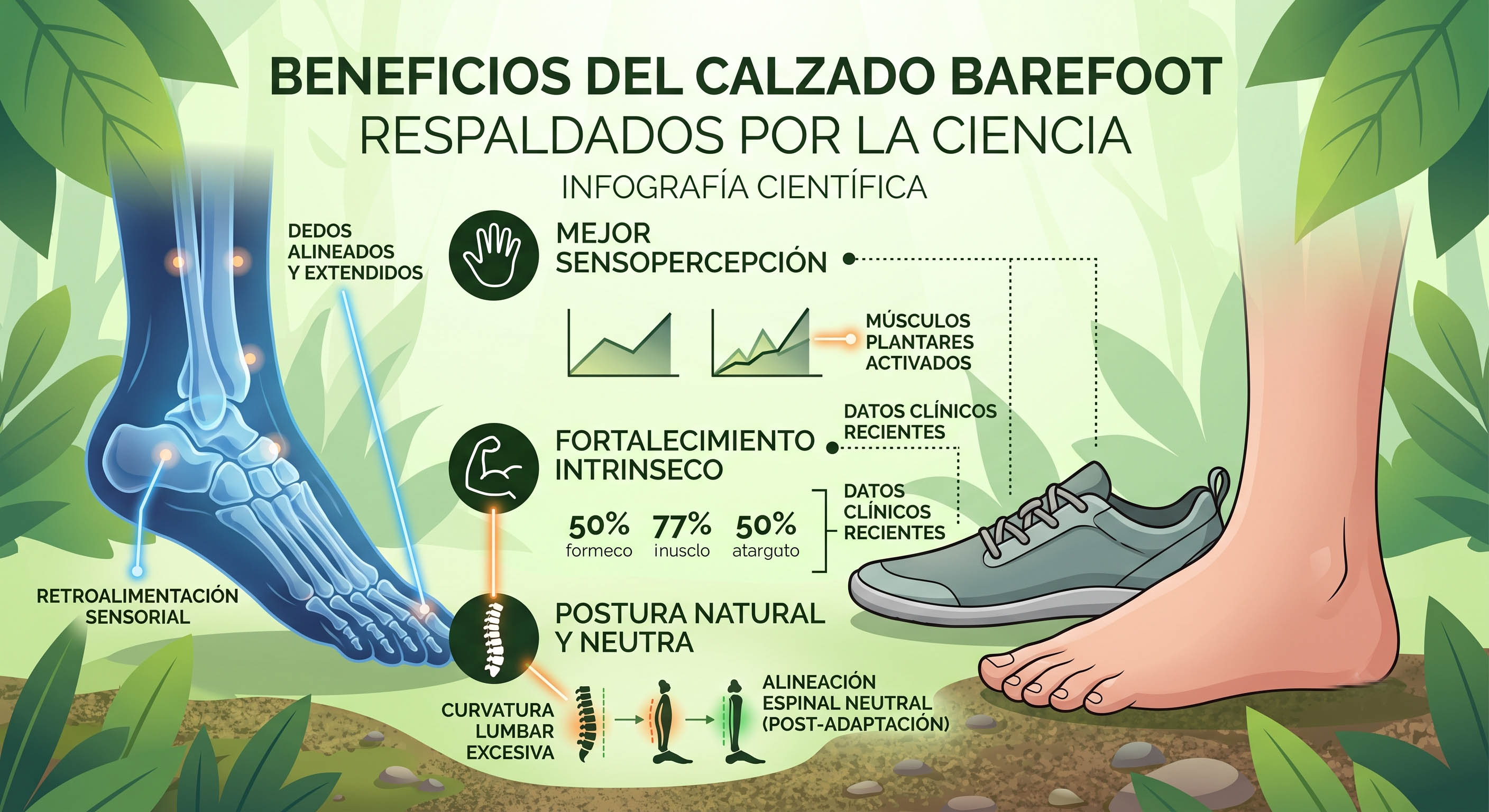Postura corporal mejorada con calzado barefoot de drop cero — alineación natural de columna, pelvis y cadena cinética posterior