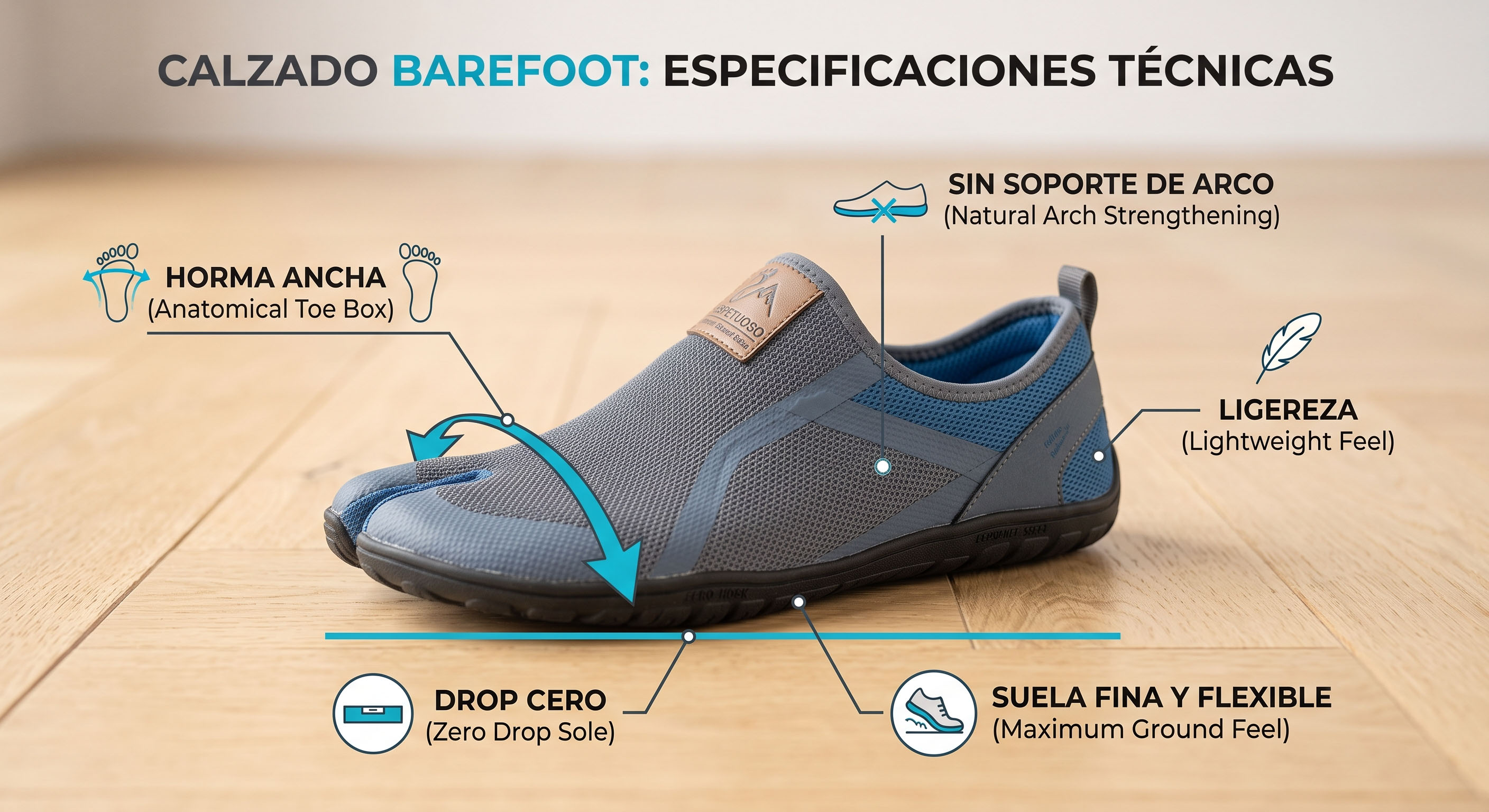 Comparativa de las características del calzado barefoot: drop cero, suela flexible, toe box ancho y sin soporte de arco