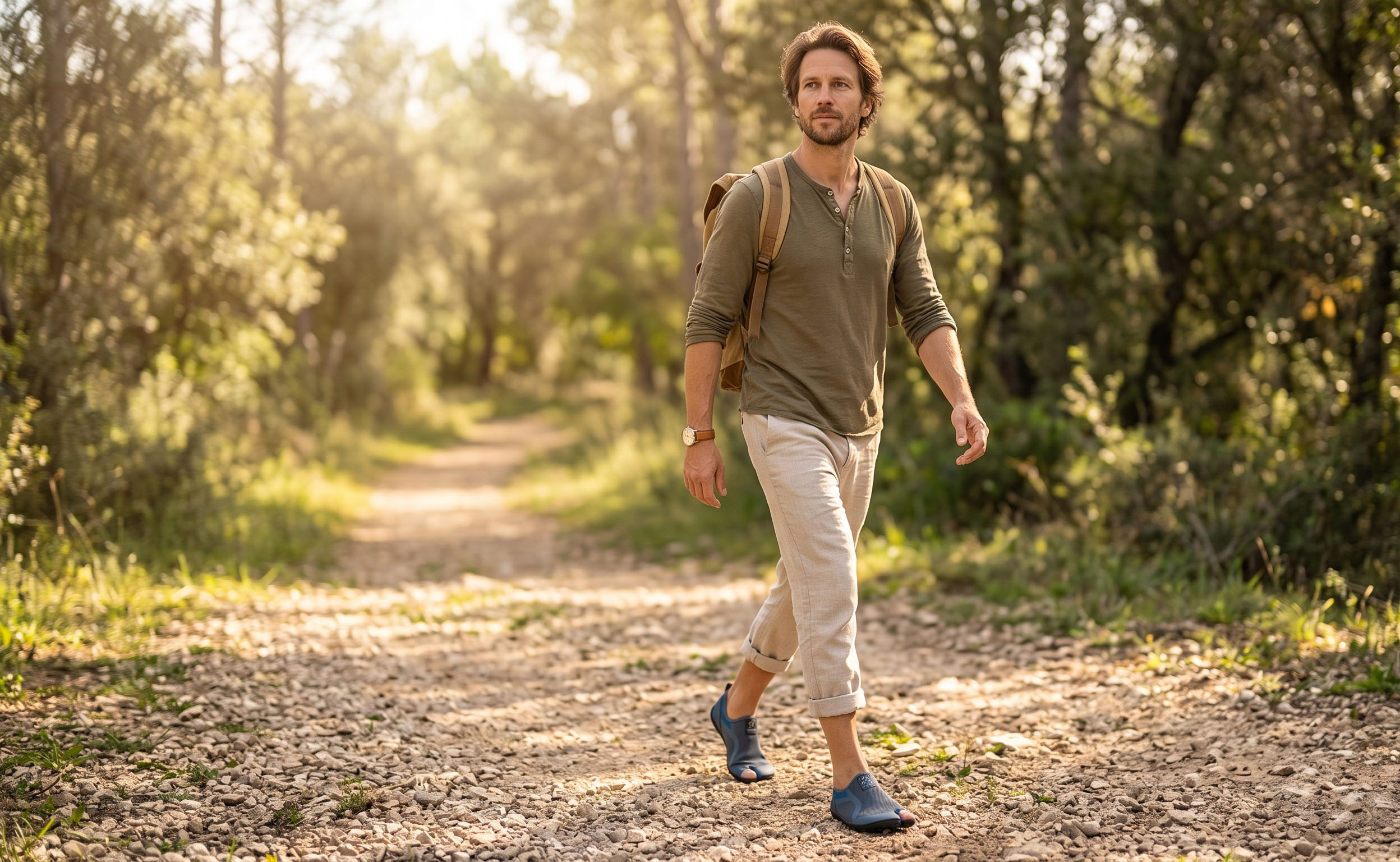 Pie descalzo sobre hierba mostrando la posición natural del pie en calzado barefoot